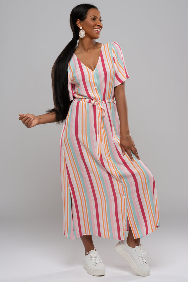 Ichi Vera Dress  - Carmine Multi Stripe