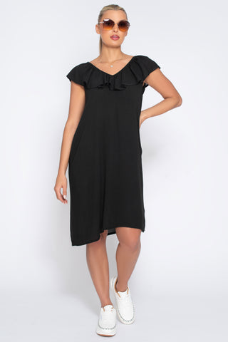 ICHI Marrakech V Neck Ruffle Dress - Black