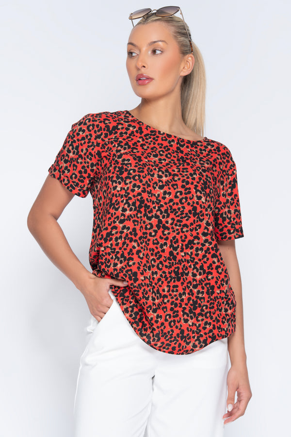 Ichi Vera Short Sleeve Top - Poppy Red Leo