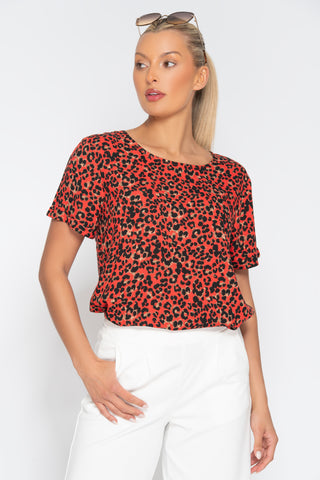 Ichi Vera Short Sleeve Top - Poppy Red Leo