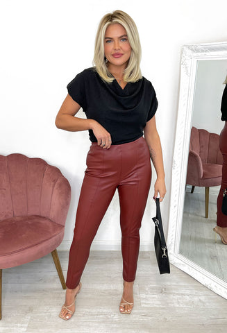 Ichi Asture Leather Look Trousers - Burnt Red