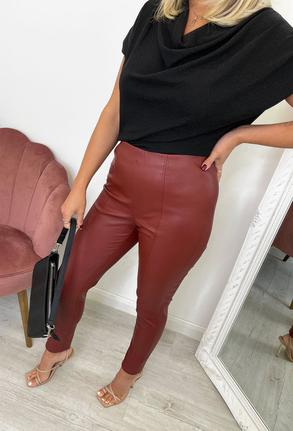Ichi Asture Leather Look Trousers - Burnt Red