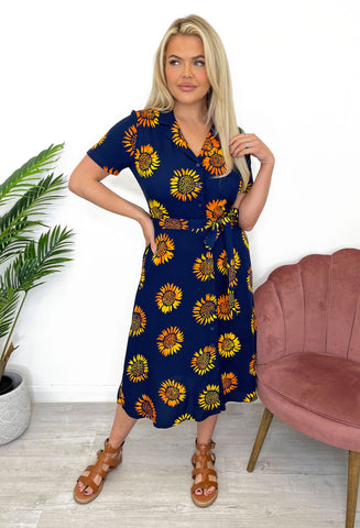 Sugarhill Brighton Fiona Batik Midi Shirt Dress - Navy Sunflowers