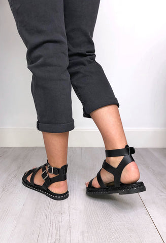Fiona Ankle Strap Flat Sandal - Black