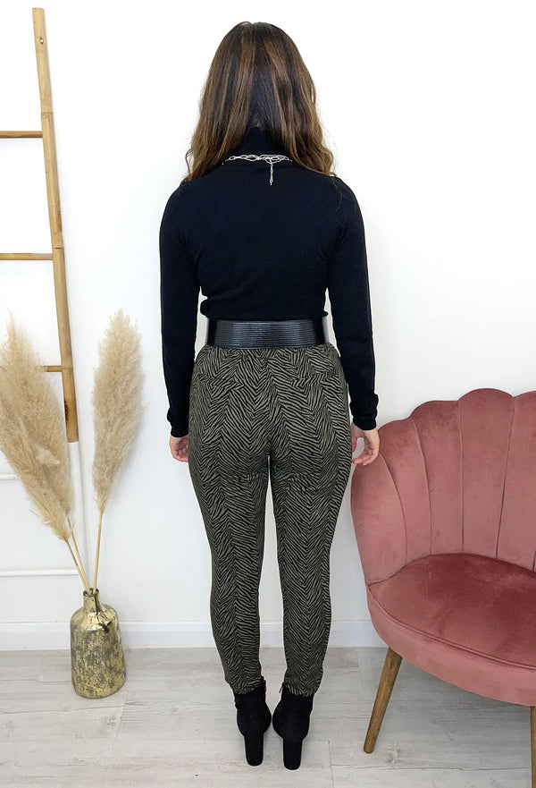 ICHI Kate Zebra Print Trousers - Ivy Green
