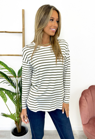 Fransa Emfloral T-shirt - Olive stripe