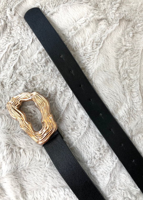 Hammered Abstract Gold Buckle Belt - Black